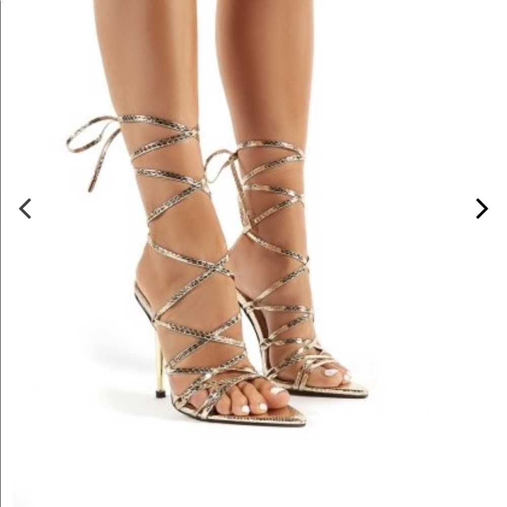 Public Desire "Beyond Gold" Snakeskin Heels.